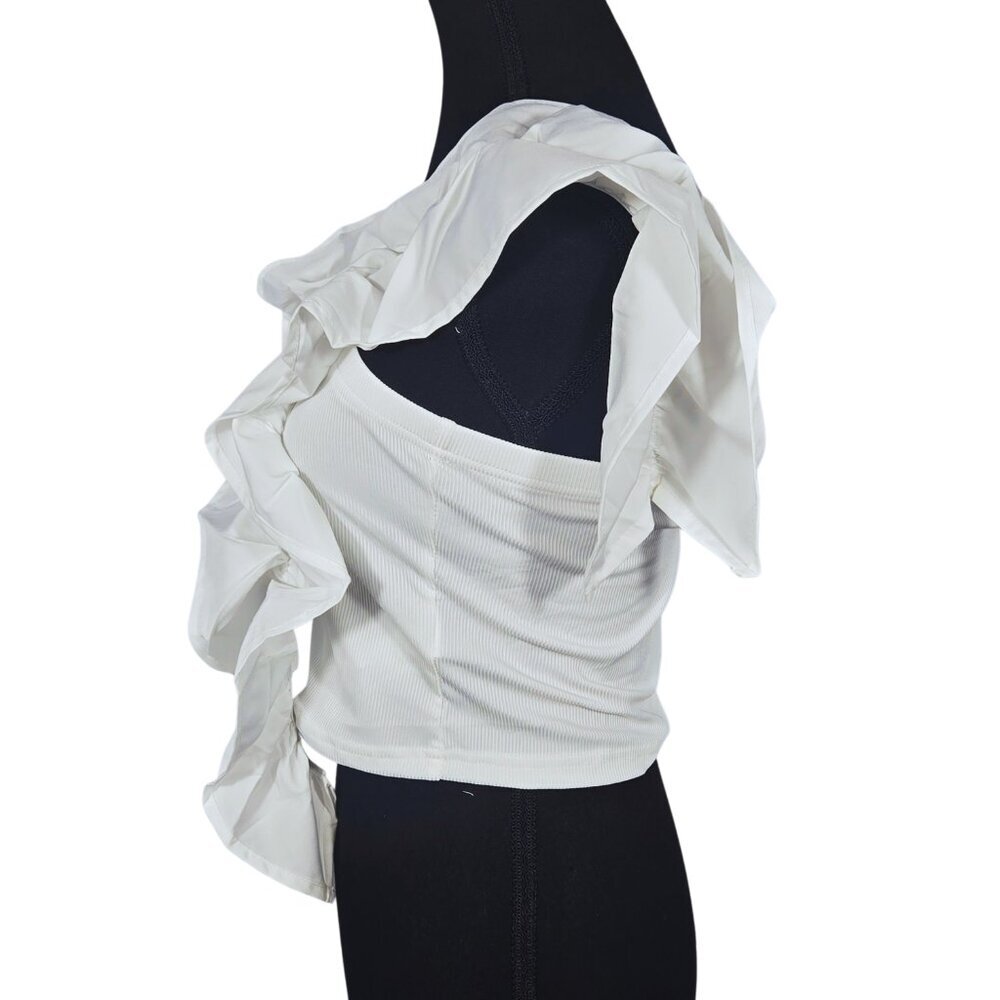 NWT | One-Shoulder Ruffle Top | Asymmetric Ribbed Sculpting | White | Large - Picture 3 of 7